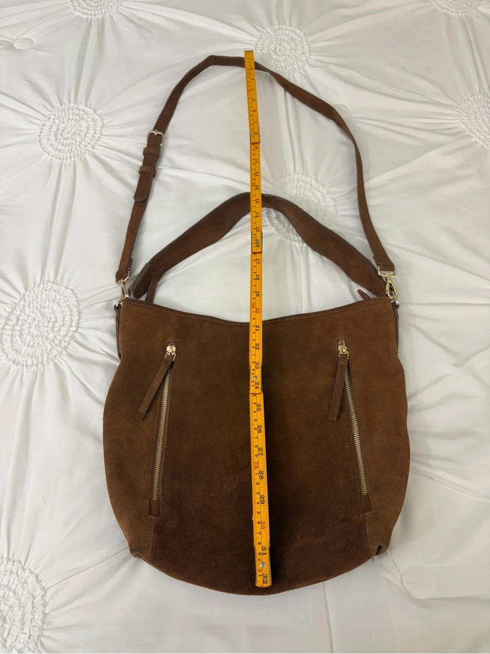 Cognac Brown Suede Leather Bohemian Hobo Crossbody Multi Gold Zipper Purse Bag